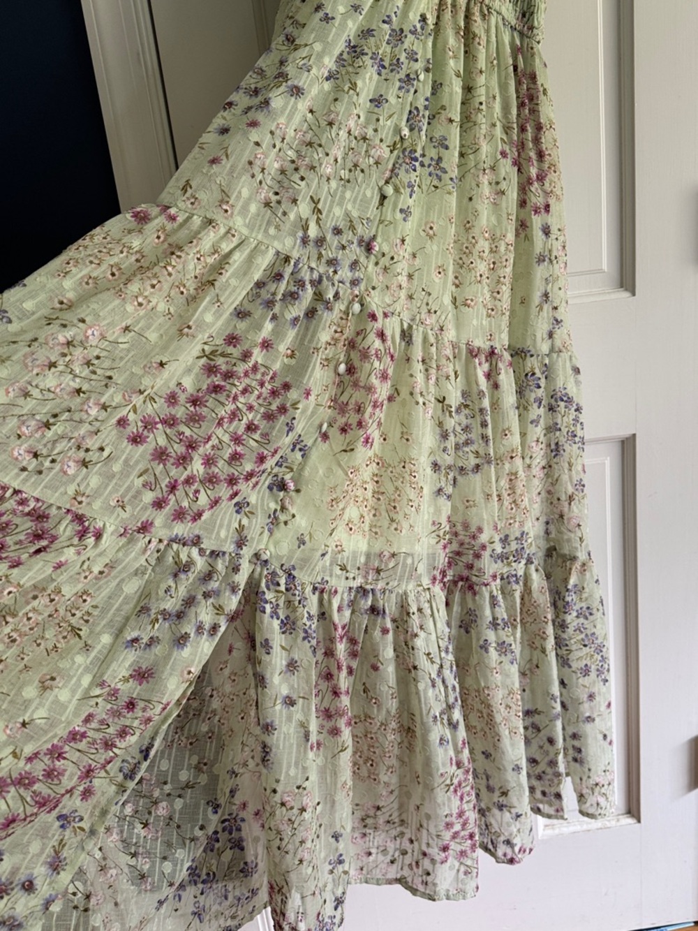 Light Green Floral Tiered Maxi Dress with Smocked Waist - Picture 4 of 5